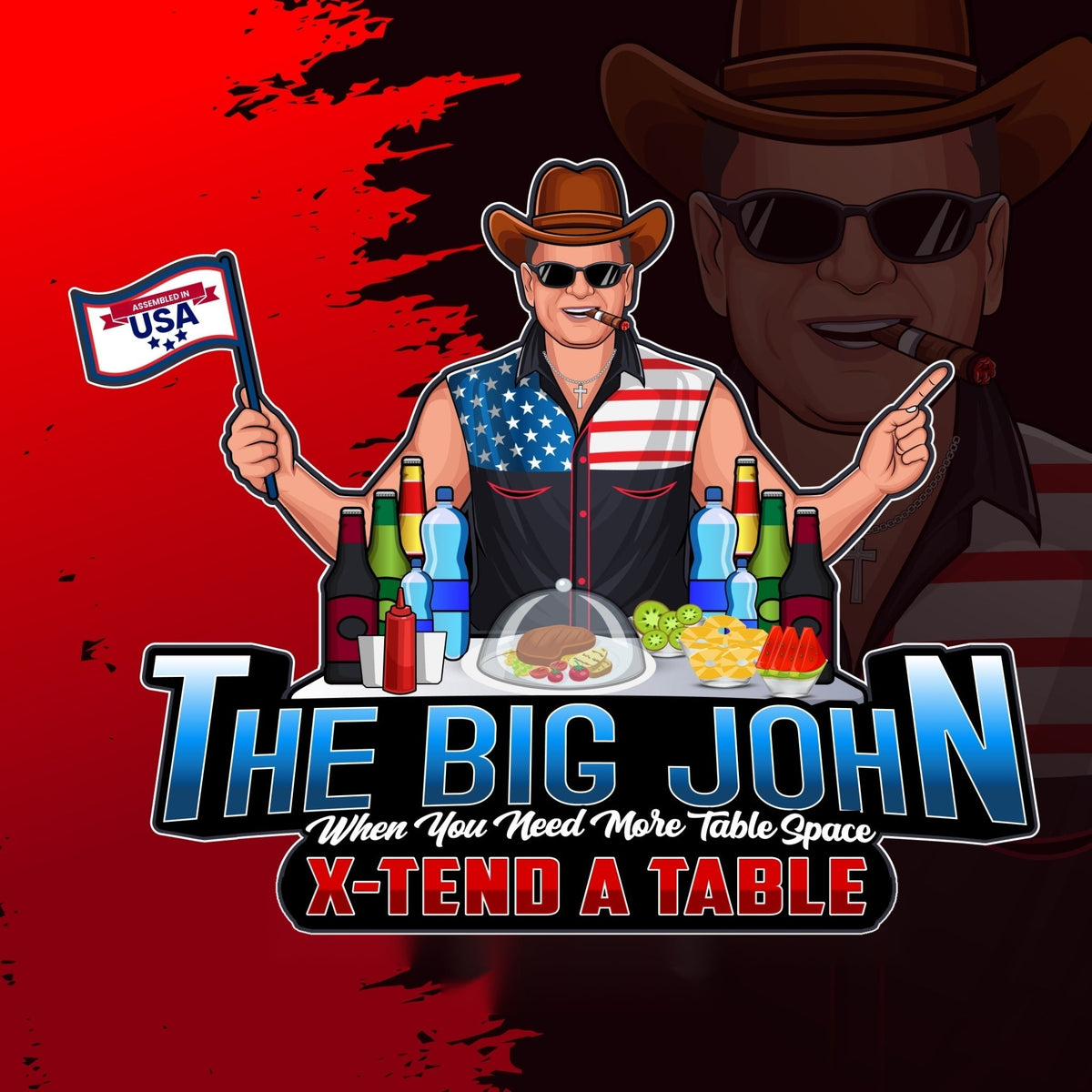 The Big John Table logo: Big John in a cowboy hat behind a table of food and drinks